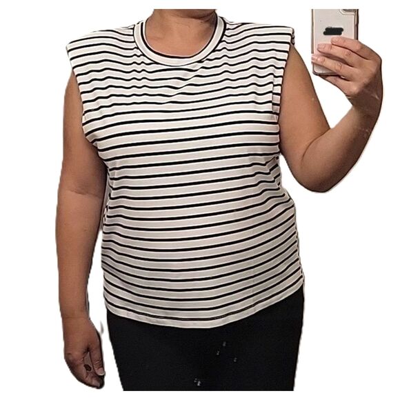 CUPSHE Black White Horizontal Striped Sleeveless Tank Top size L Shoulder Pads - Picture 13 of 14
